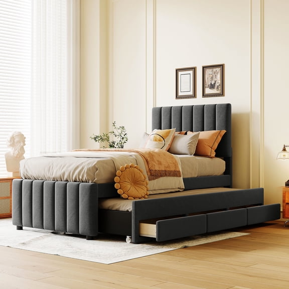 Twin Size Upholstered Bed With Trundle And 3 Drawers, Gray Linen Fabric - Frame Sleeping Option