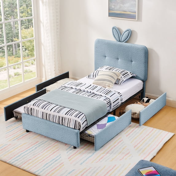 Twin Size Upholstered Bed with Oversized Rabbit Ear Headboard, LED Light & 4 Storage Drawers, Boucle Fabric (79.5''X40.75''X41'')