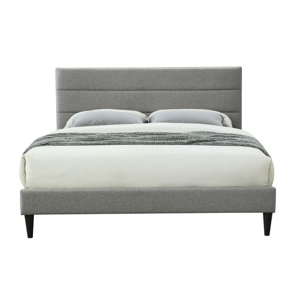 Twin Size Upholstered Bed with USB Ports, Channel Tufted Headboard, Low Profile Platform Bed Frame, Gray Fabric