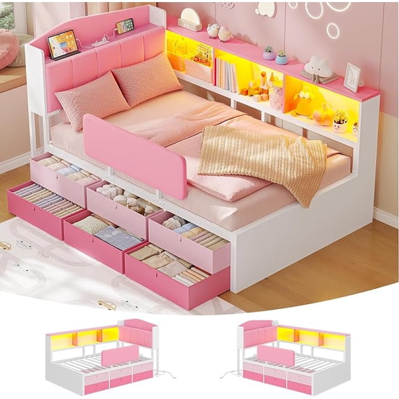 Twin Size Upholstered Corner Bed with 6 Storage Drawers, RGB LED Lights, Charging Station & 3 Open Side Cubbies, Pink