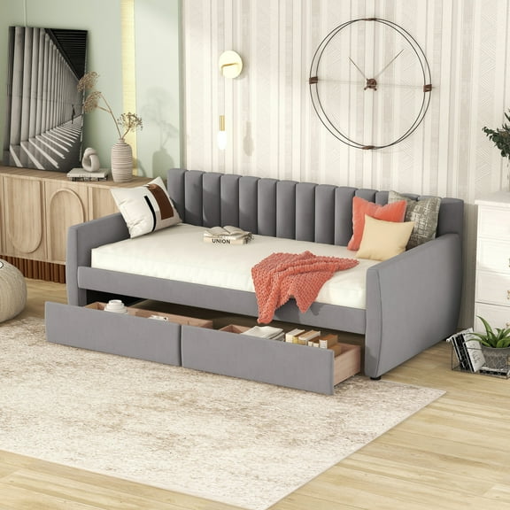 Twin Size Upholstered Daybed with 2 Drawers, Velvet Tufted Sofa bed with Padded Backrest & Arms, Wooden bed Frame with Slats Support for Bedroom,Living Room, Gray