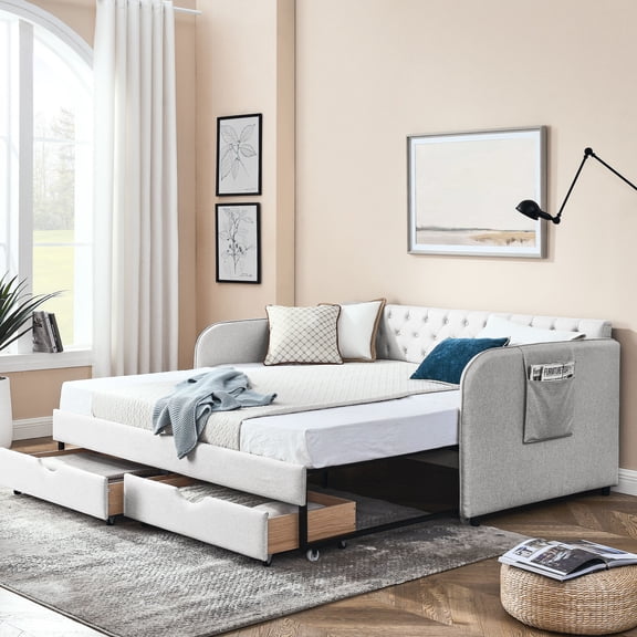 Twin Size Upholstered Daybed | Expandable from Twin to King, Ideal for Bedroom & Living Room | Crafted from Linen, Plywood and MDF | Solves Storage & Guest Accommodation Issues