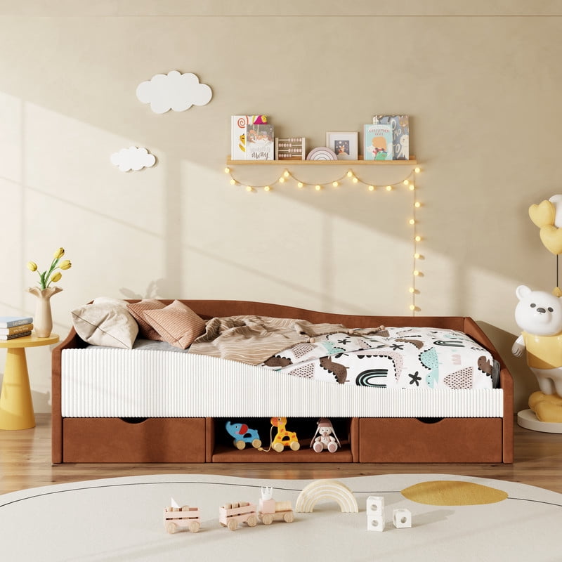 Twin Size Upholstered Daybed Frame, Low-Profile Storage Platform Bed with 2 Drawers and Open Compartment, Two-Tone Accent Kids Bed