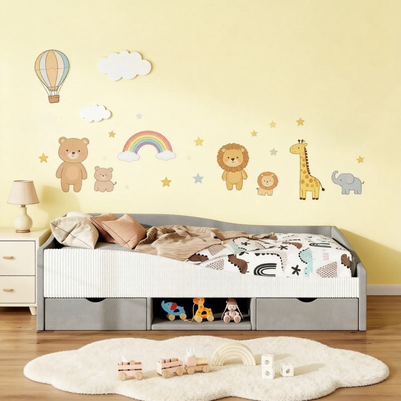Twin Size Upholstered Daybed Frame, Low-Profile Storage Platform Bed with 2 Drawers and Open Compartment, Two-Tone Accent Kids Bed