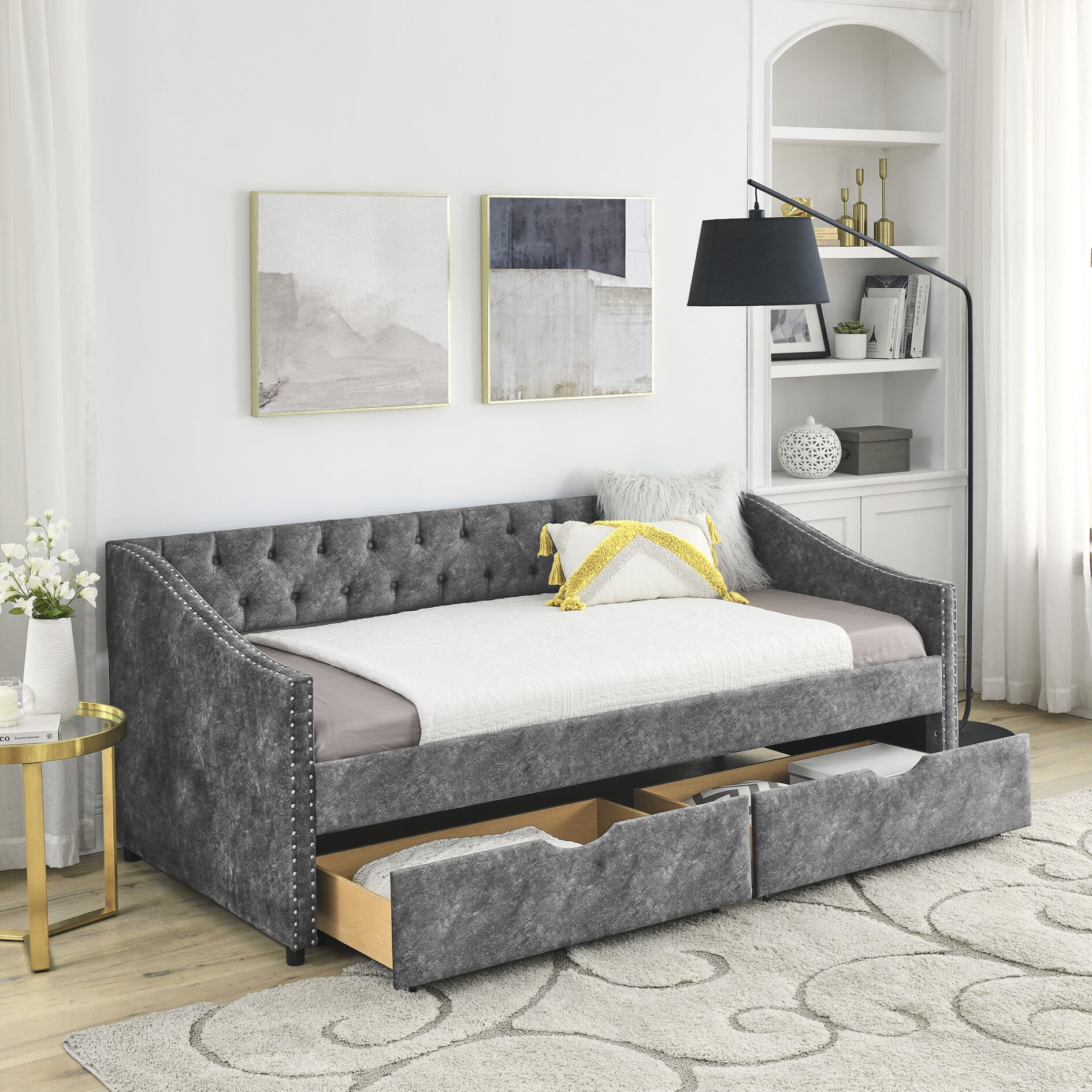 Twin Size Upholstered Daybed Frame with Storage Drawers Linen