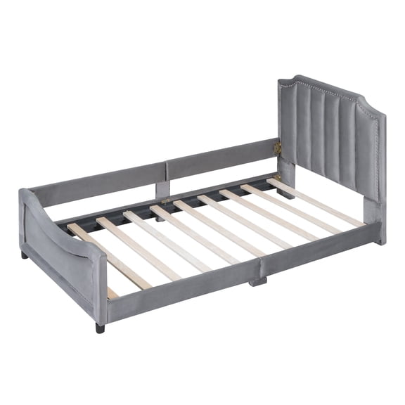 Twin Size Upholstered Daybed - Gray, Classic Stripe Headboard, Sturdy, No Box Spring, Easy Assembly, Versatile Decor