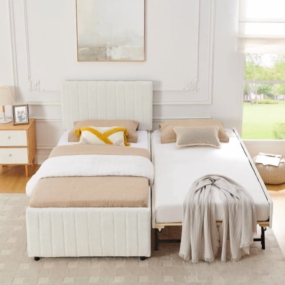 Twin Size Upholstered Daybed with Hidden Pull-Out Trundle, 2-in-1 Single to Double Guest Bed with High Padded Backrest, Space-Saving for Bedroom and Guest Room, Beige Chenille