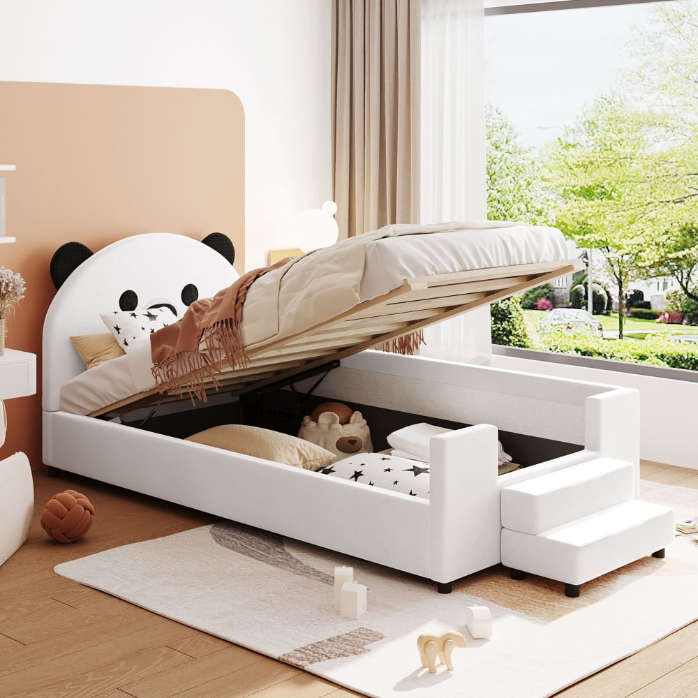 Twin Size Upholstered Daybed with Hydraulic Storage System Wood Platform Bed Frame with Bear Shaped Headboard Single Side Rail Perfect for
