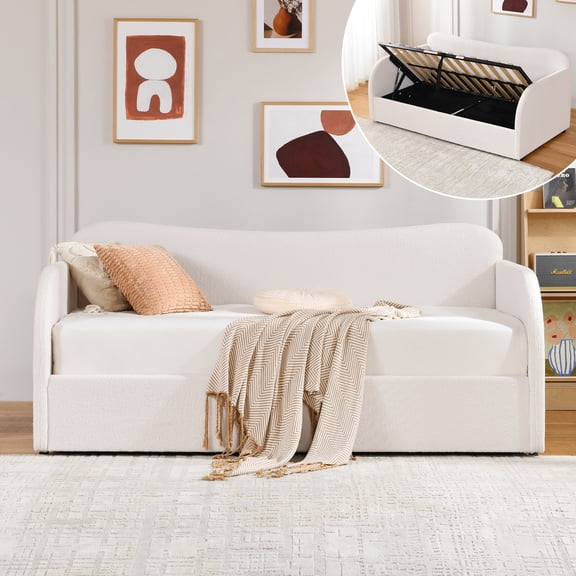 VELOCAVA Twin Size Upholstered Daybed with Lift-up Storage, Boucle Fabric, White