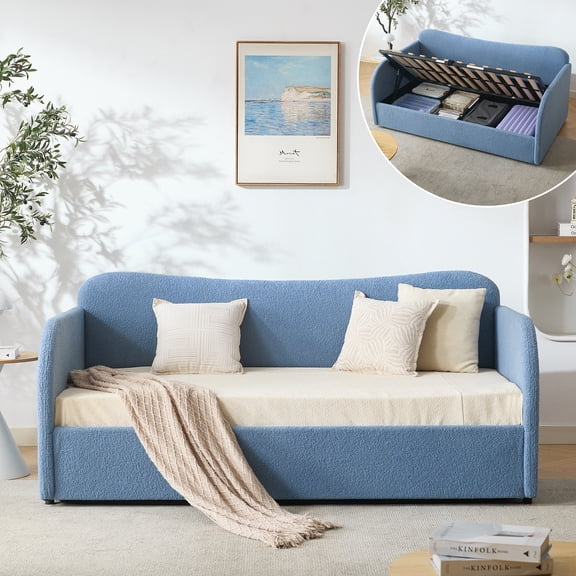 VELOCAVA Twin Size Upholstered Daybed with Lift-up Storage, Boucle Fabric, Blue