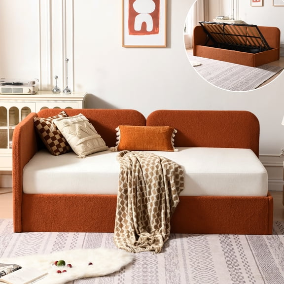 Twin Size Upholstered Daybed with Lift Up Storage, Corner Sofa Bed Frame with Reversible Armrest for Living Room, Guest Room or Small Space, Wood Slat Support, No Box Spring Needed, Rust Brown