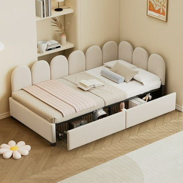 Twin Size Upholstered Daybed, Platform Sofa Bed with Pull Out Storage Drawers, Twin Day Bed Couch Frame for Living Room Bedroom and Guest Room, No Box Spring Needed, Beige