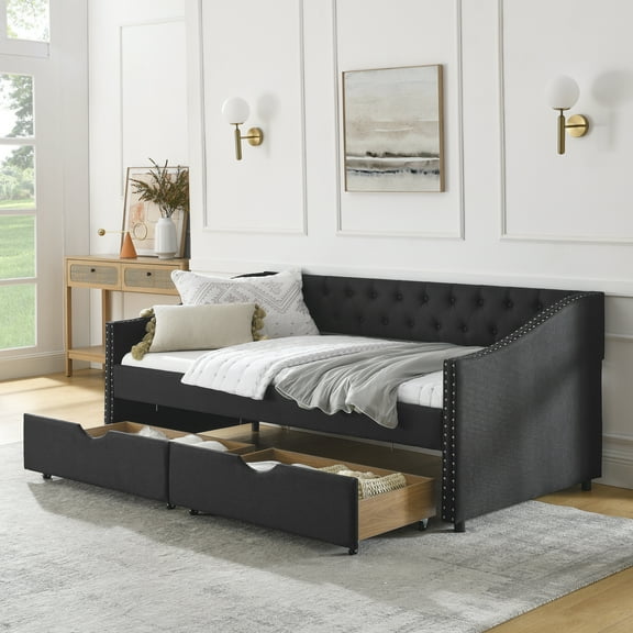 Twin Size Upholstered Daybed with Storage Drawers | Tufted Back & Nailhead Trim Waved Arms | Mid-Century Style Living Room Sofa Bed | Black Linen | 81.5" L