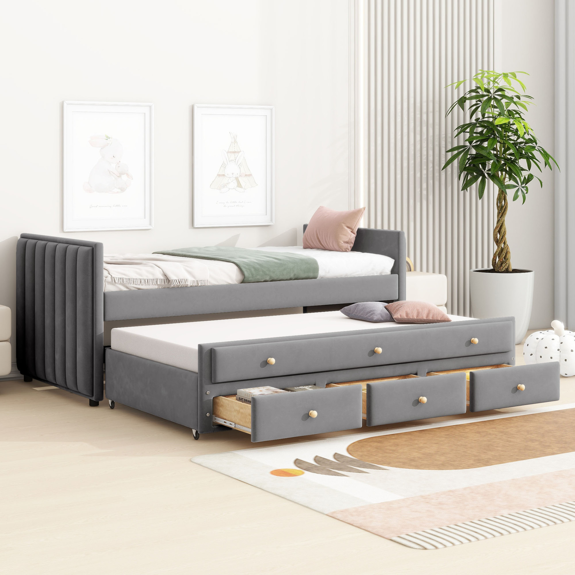 Twin Size Upholstered Daybed with Twin Size Trundle and 3 Drawers ...