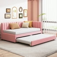 thumbnail image 1 of Twin Size Upholstered Daybed with Trundle, Modern Leisure Linen Sofa Bed with Wooden Frame, Comfy Couch Bed for Living Room, Bedroom, Guest Room, No Box Spring Needed, Pink, 1 of 8