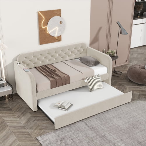 Twin Size Upholstered Daybed with Trundle and USB Charging Design, Velvet Sofa Bed Frame, American Design, Pull Out Guest Bed, No Box Spring Needed, Bedroom Daybed, Light Beige
