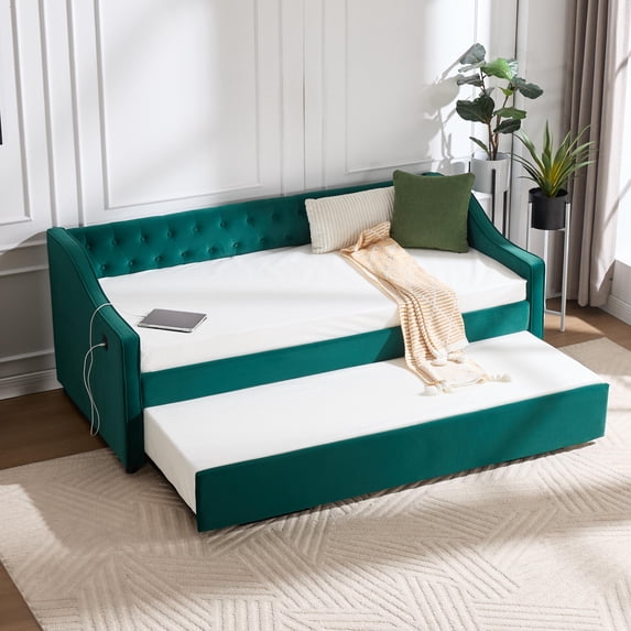 Twin Size Upholstered Daybed with Trundle,USB Port ,Side Pockets,Velvet Daybed with Button on Back and Piping on Waved Shape Arms for Bedroom Guest Room