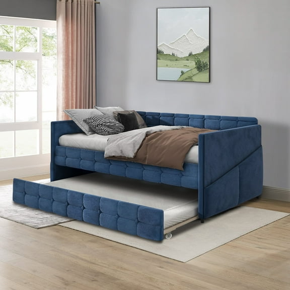 Twin Size Upholstered Daybed with Trundle, Velvet Fabric, Button Tufted, No Box Spring Needed, Modern Sofa Bed with Storage Pockets for Bedroom, Living Room, Guest Room