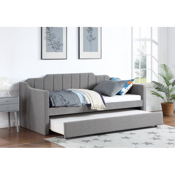 Twin Size Upholstered Daybed with Trundle, Wooden Sofa Bed Frame with Padded Back and Wooden Slats Support, No Spring Box Needed, for Bedroom, Apartment, Living Room,Gray