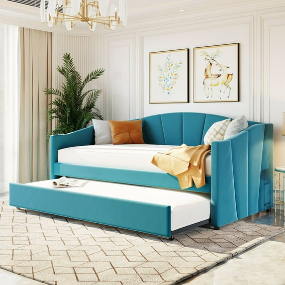 Twin Size Upholstered Daybed with Trundle, Twin Wooden Sofa Bed with Wood Slat, Multifunctional Modern Corner Sofa Bed Frame with Waved Shape Arms, Blue