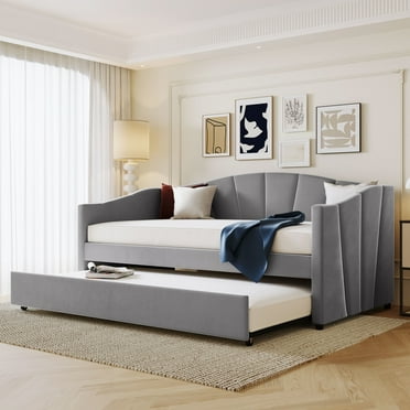 Twin Size Upholstered Daybed with Trundle, Twin Wooden Sofa Bed with Wood Slat, Multifunctional Modern Corner Sofa Bed Frame with Waved Shape Arms, Gray