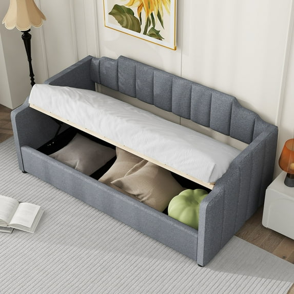 Twin Size Upholstered Daybed with Underneath Storage, Linen Fabric Sofa Bed Frame with Slats Support and Solid Wood Legs for Living, Bedroom, Guest Room, No Box Spring Needed, Gray