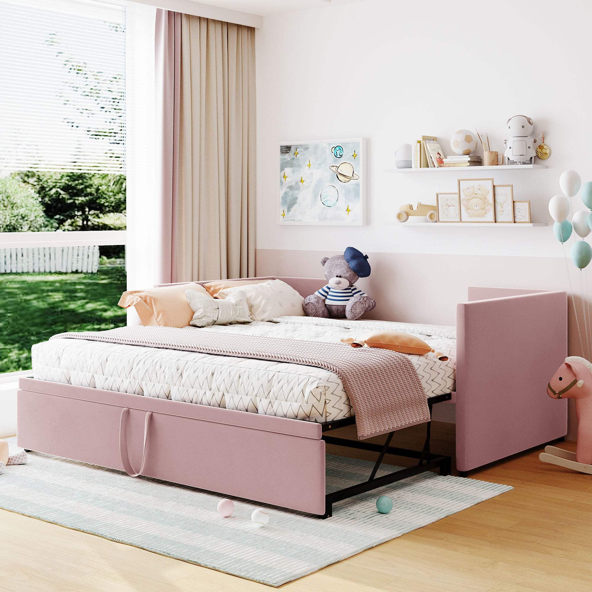 Twin Size Upholstered Daybed in Pink with Cloud-Shaped Backrest