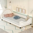 thumbnail image 1 of Twin Size Upholstered Daybed, Wood Low Platform Day Bed Frame with Cat Ears Shaped Headboard & Curved Footboard, PU Leather Sofa Bed Frame with Button Tufted Decoration & Nailhead Trim for Kids, White, 1 of 9