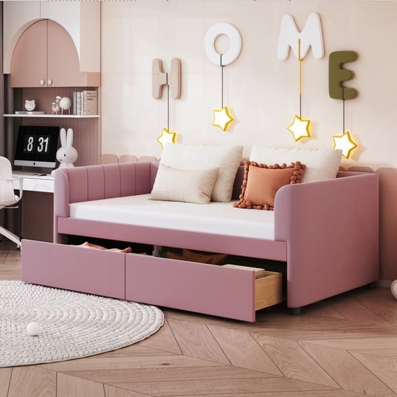 Twin Size Upholstered Daybed featuring Ergonomic Backrest & 2 Drawers in Pink