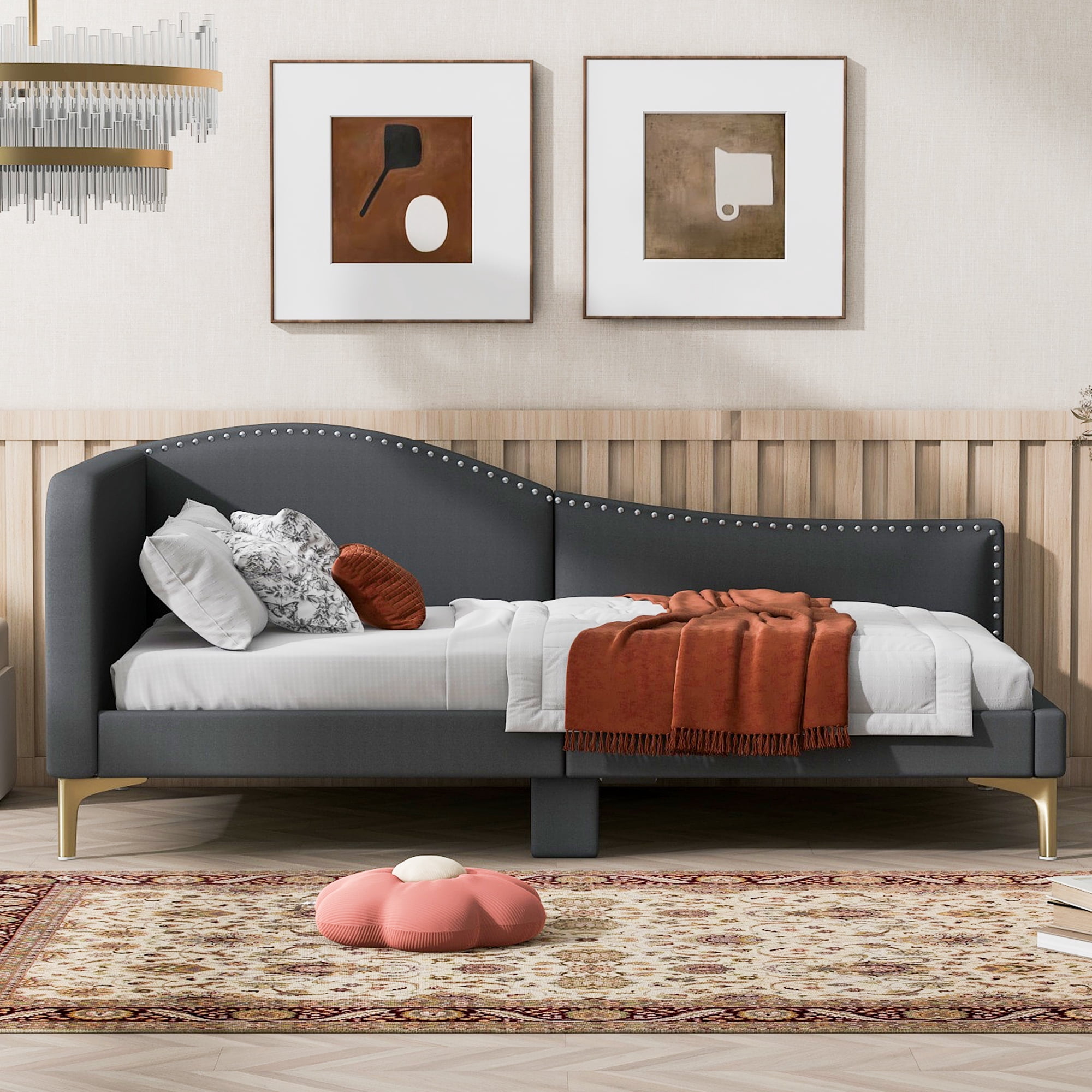 Twin Size Upholstered Daybed for Kids and Adults, Twin Daybed with Headboard and Armrest, Support Legs,Gray