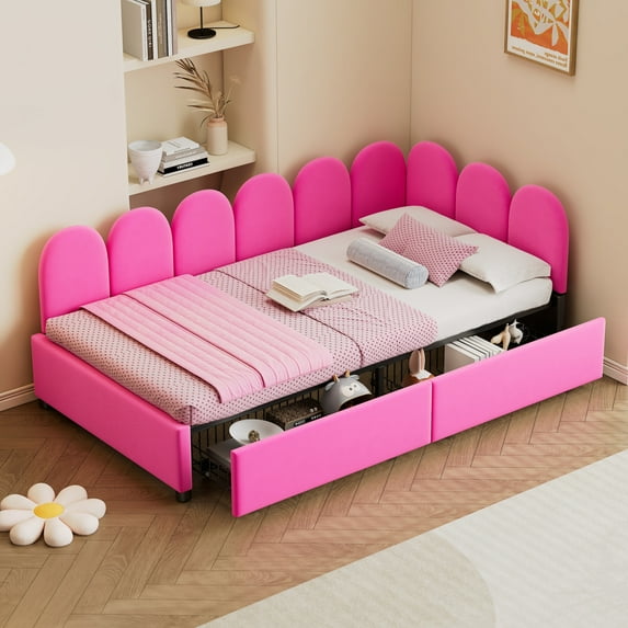 Twin Size Upholstered Daybed with 2 Drawers, Modern Solid Wood Corner Sofa Bed Frame, No Box Spring Required, for Living Room or Bedroom, Rose Red