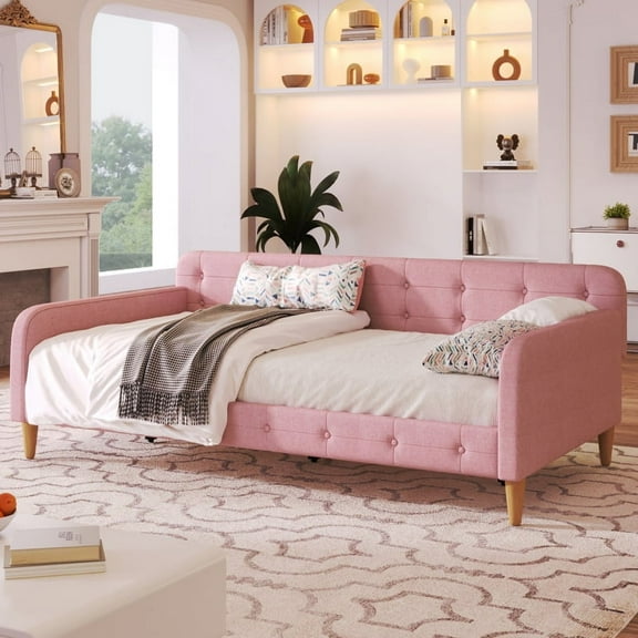 Twin Size Upholstered Daybed with 4 Support Legs,Pink