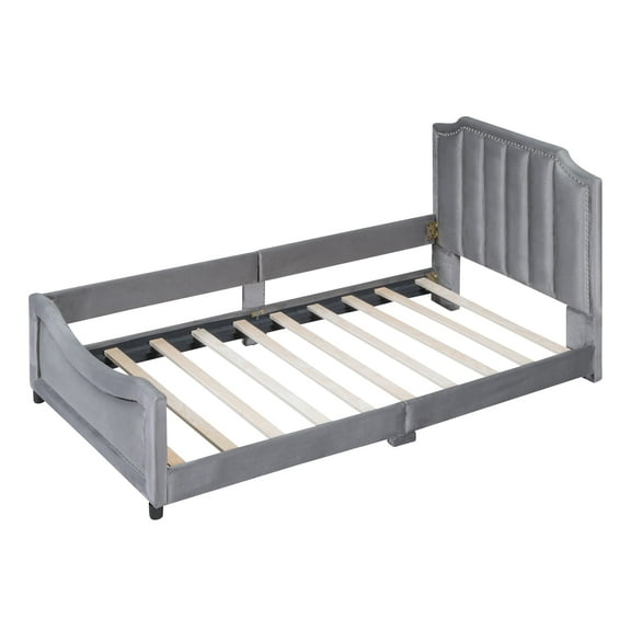 Twin Size Upholstered Daybed with Classic Stripe Headboard, Gray - Sturdy Wood Frame, Easy Assembly