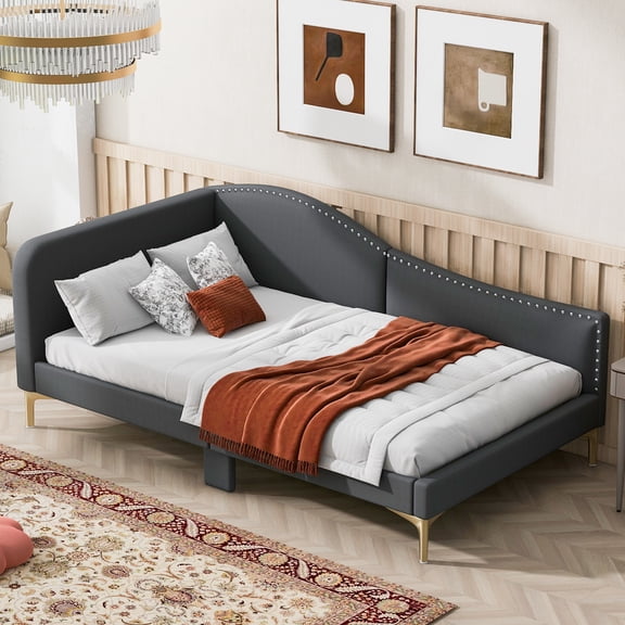 Twin Size Upholstered Daybed with Headboard & Armrest, Support Legs, Grey