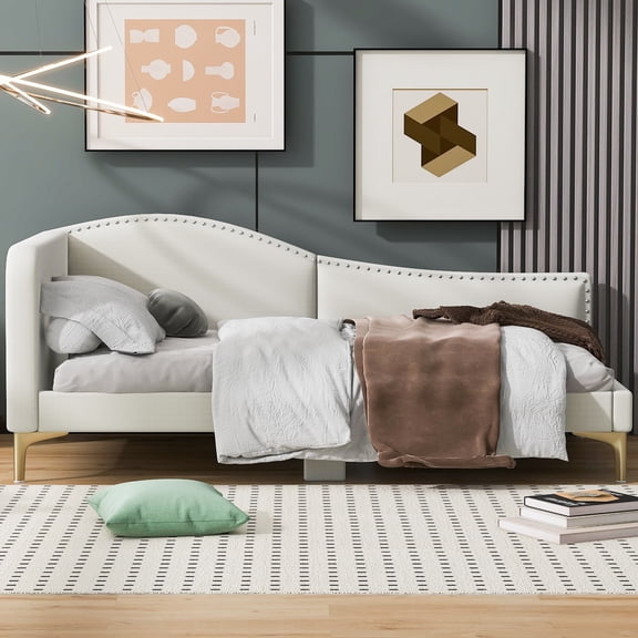 Twin Size Upholstered Daybed with Headboard and Armrest, Linen Fabric Sofa Bed for Living Room Guest Room, Sturdy Wood Frame with Support Legs, Beige