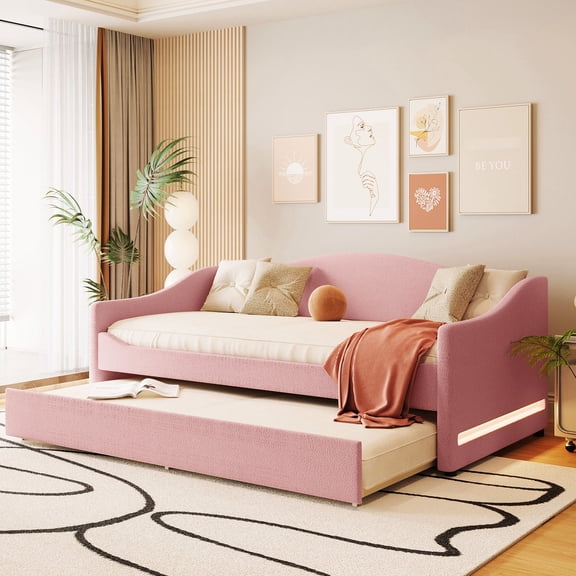 Twin Size Upholstered Daybed with Light Stripes Design | Great for Sleepovers in Limited Spaces | Enjoy a Comfortable and Eye-catching Bedroom Decor