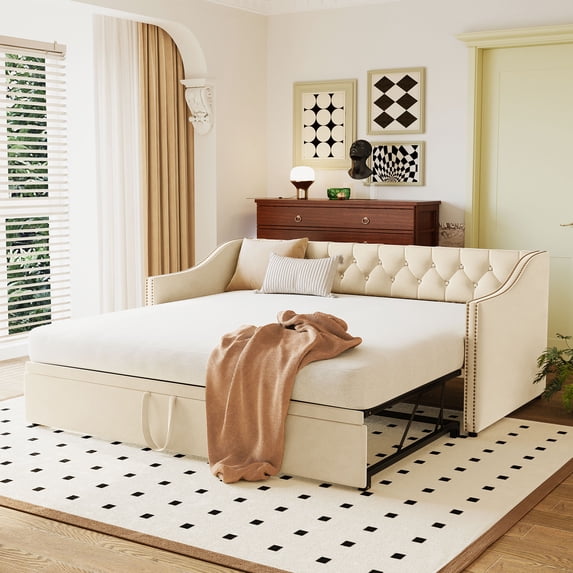 Twin Size Upholstered Daybed with Pop Up Trundle, Beige