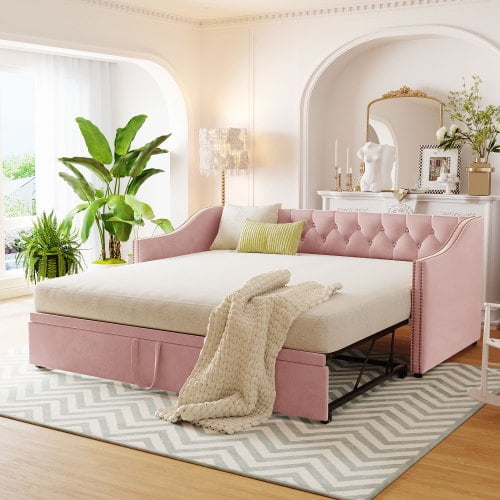 Twin Size Upholstered Daybed with Pop Up Trundle, Velvet Convertible Sofa Bed for Living Room Guest Room, Pink