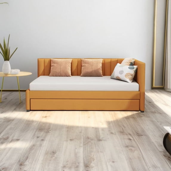 Twin Size Upholstered Daybed with Trundle Sofa Bed Frame No Box Spring Needed, Linen Fabric, Yellow