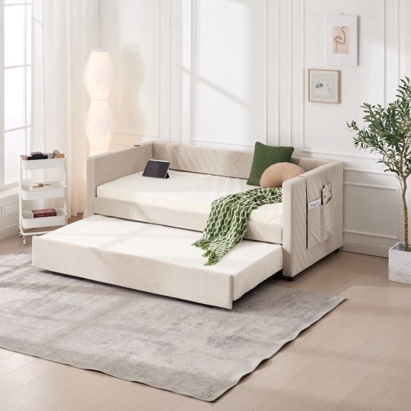 Twin Size Upholstered Daybed with Trundle, USB Charging Port, Modern V-Grained Bed Frame with Side Pockets, No Box Spring Needed