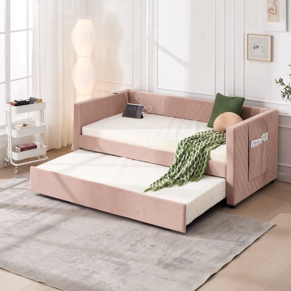 Twin Size Upholstered Daybed with Trundle, USB Charging Port, Modern V-Grained Bed Frame with Side Pockets, No Box Spring Needed