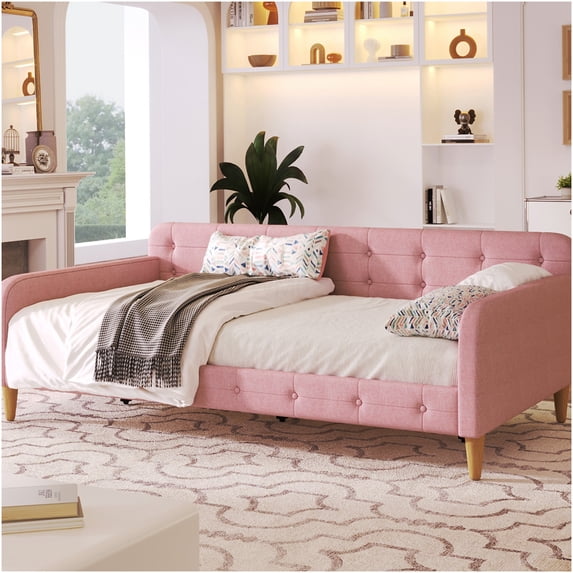 Twin Size Upholstered Daybed with Wooden Legs, Sofa Bed for Living Room and Guest Room
