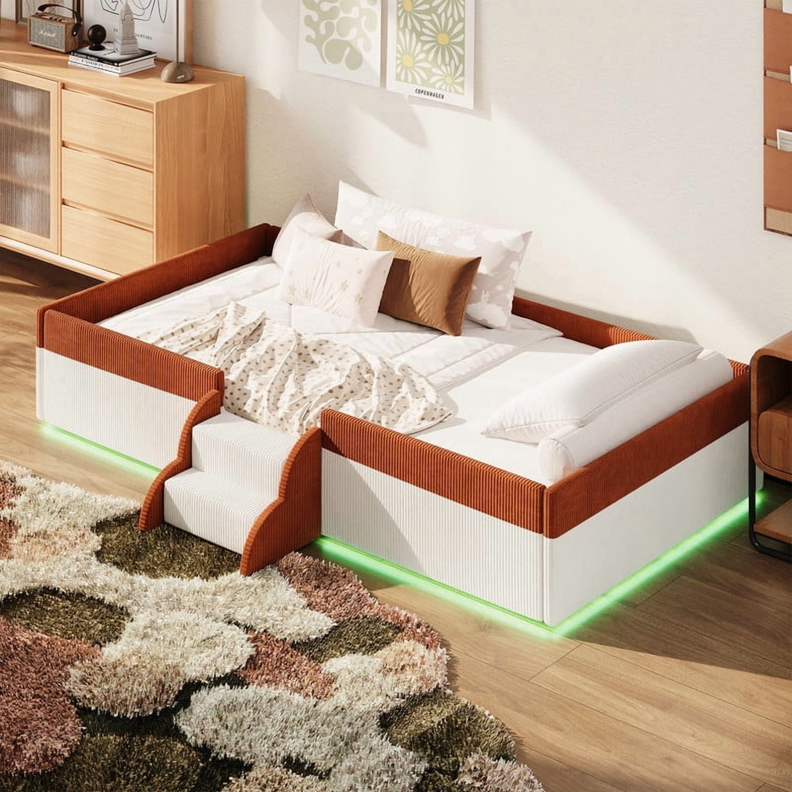 Twin Size Upholstered Floor Bed with Fence, 2-Tier Steps and Smart LED Lights, Corduroy Toddler Bed Platform Bed Frame with Guardrails and Wood Slats