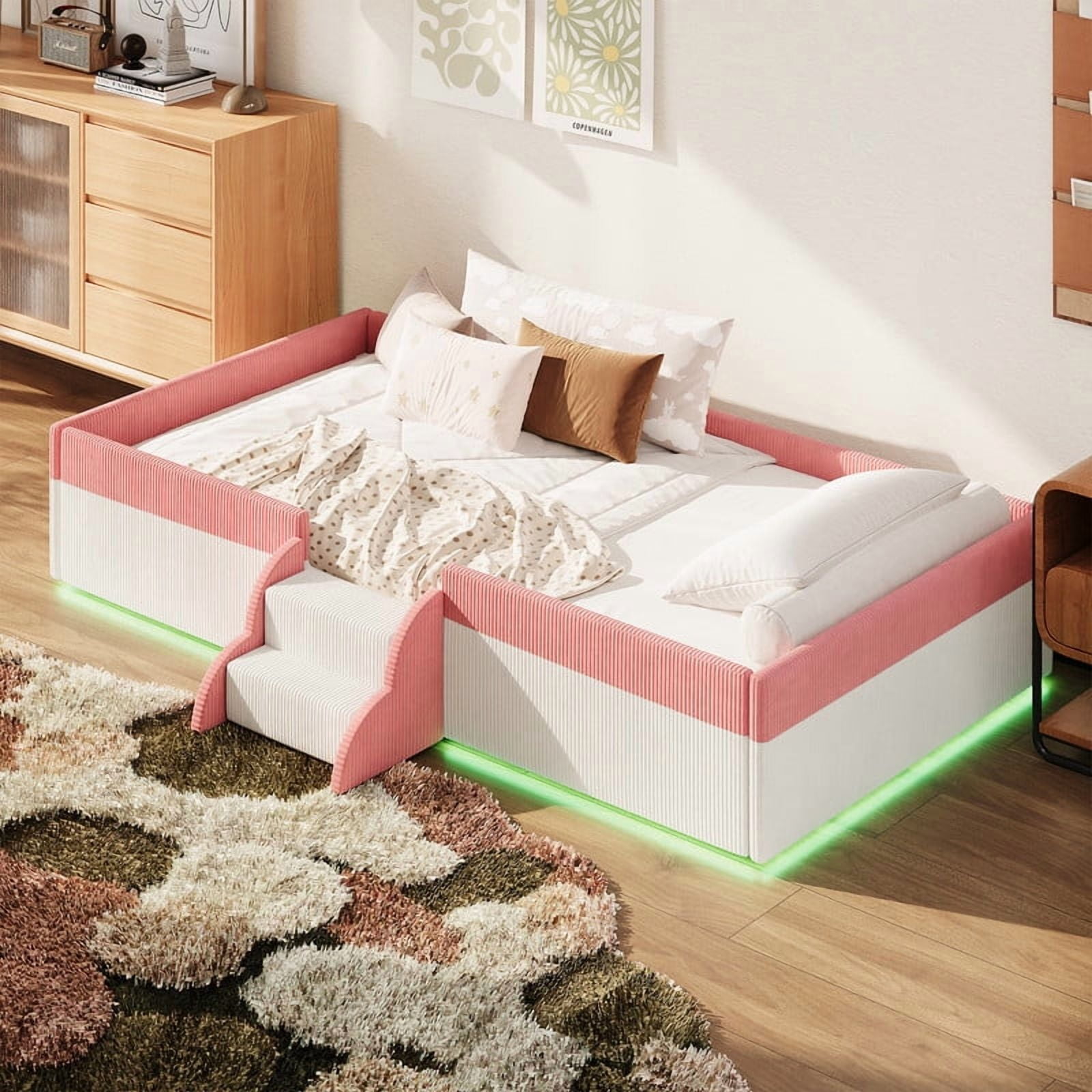 Twin Size Upholstered Floor Bed with Fence, 2-Tier Steps and Smart LED Lights, Corduroy Toddler Bed Platform Bed Frame with Guardrails and Wood Slats
