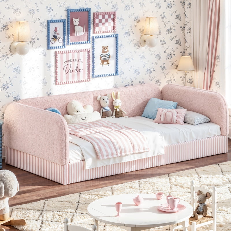 Twin Size Upholstered Floor Daybed Frame for Kids, Half-Enclosed Montessori Platform Bed with 3-Sided Surrounding Guardrails