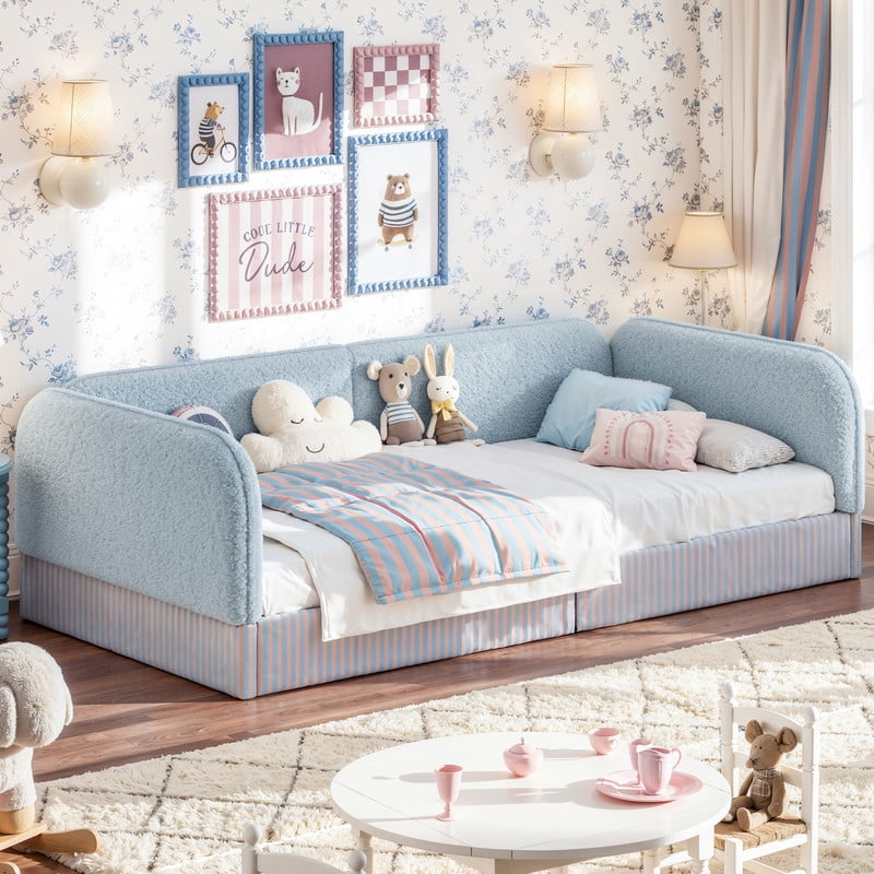 Twin Size Upholstered Floor Daybed Frame for Kids, Half-Enclosed Montessori Platform Bed with 3-Sided Surrounding Guardrails