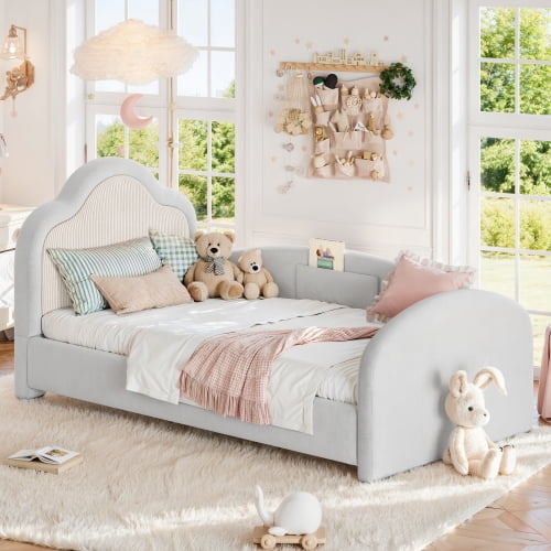 Twin Size Upholstered Kids Floor Bed with Curved Headboard, Safety Side Rails and Storage Pocket, Light Gray
