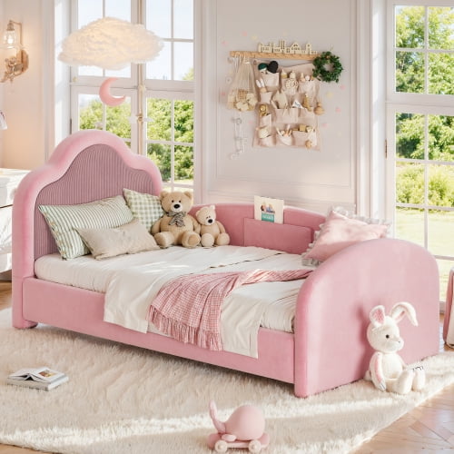Twin Size Upholstered Kids Floor Bed with Curved Headboard, Safety Side Rails and Storage Pocket, Pink