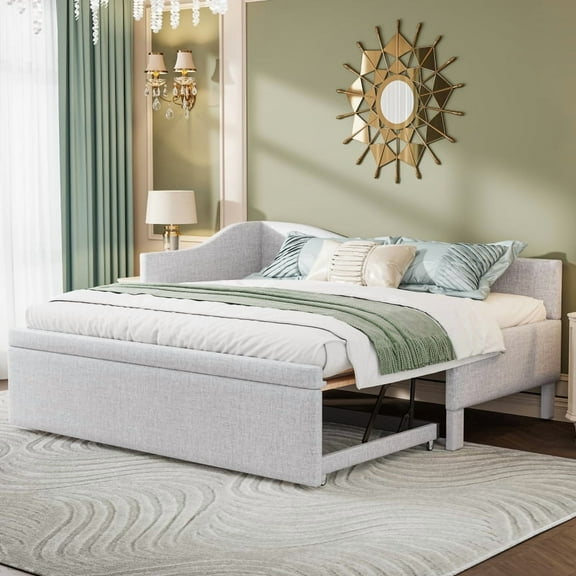 [Luckynote]Twin Size Upholstered L-Shaped Upholstered Daybed with Pop Up Trundle, Beige