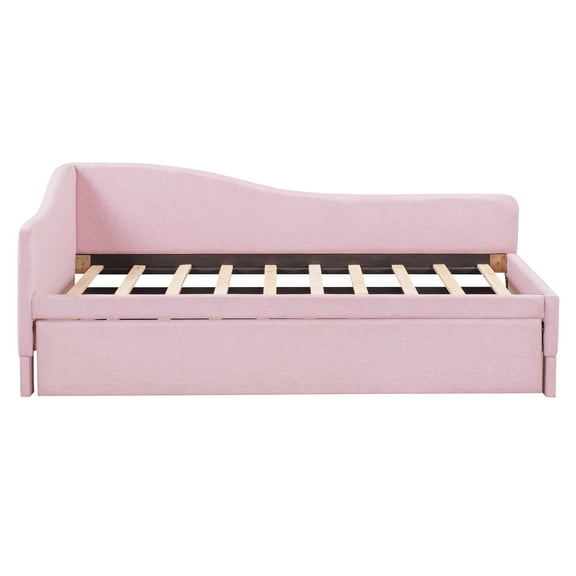 Twin Size Upholstered L-Shaped Upholstered Daybed with Pop Up Trundle, Pink